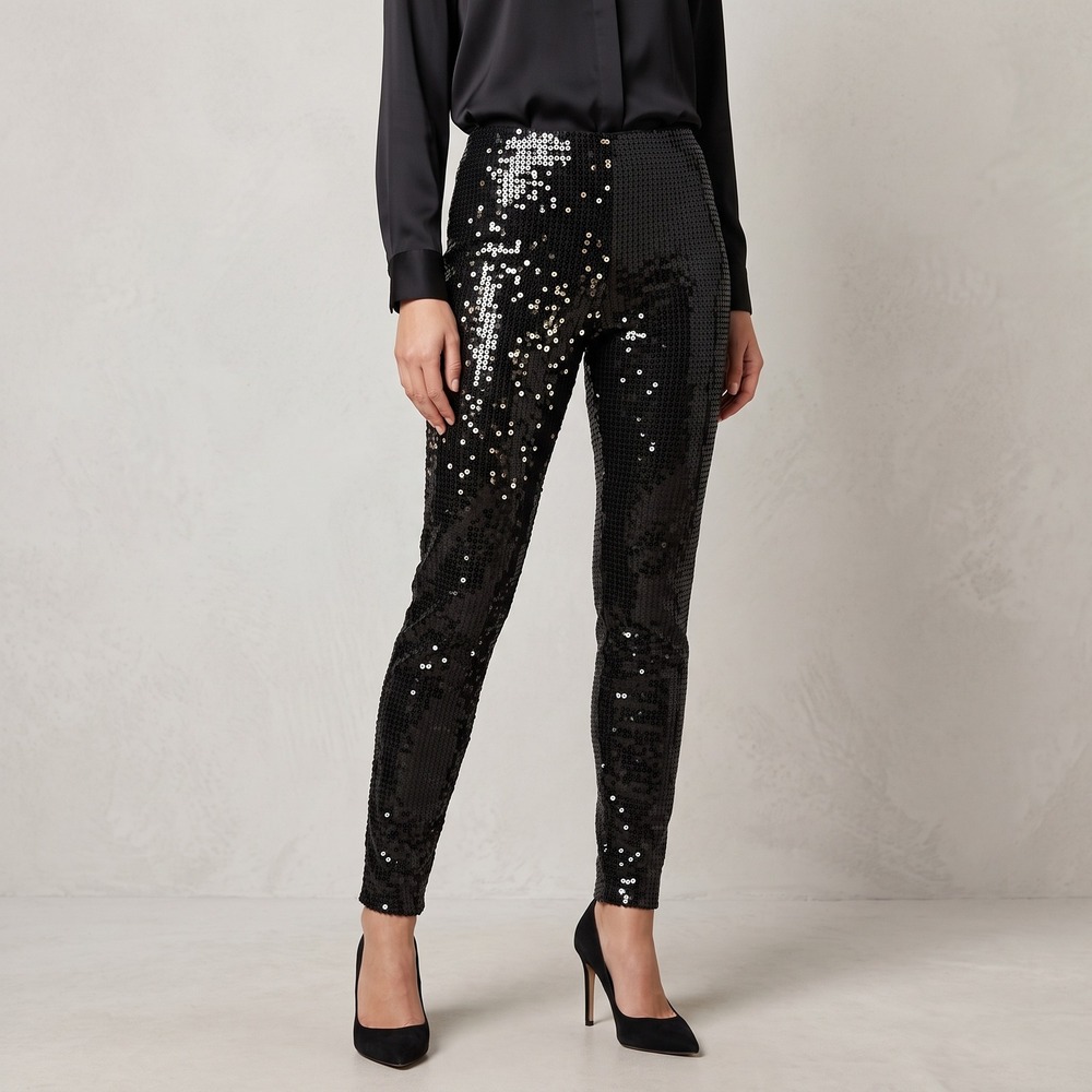 Sequined Leggings Womens M Black Sparkle Party Slim Fit Pants 0013 - Picture 1 of 10
